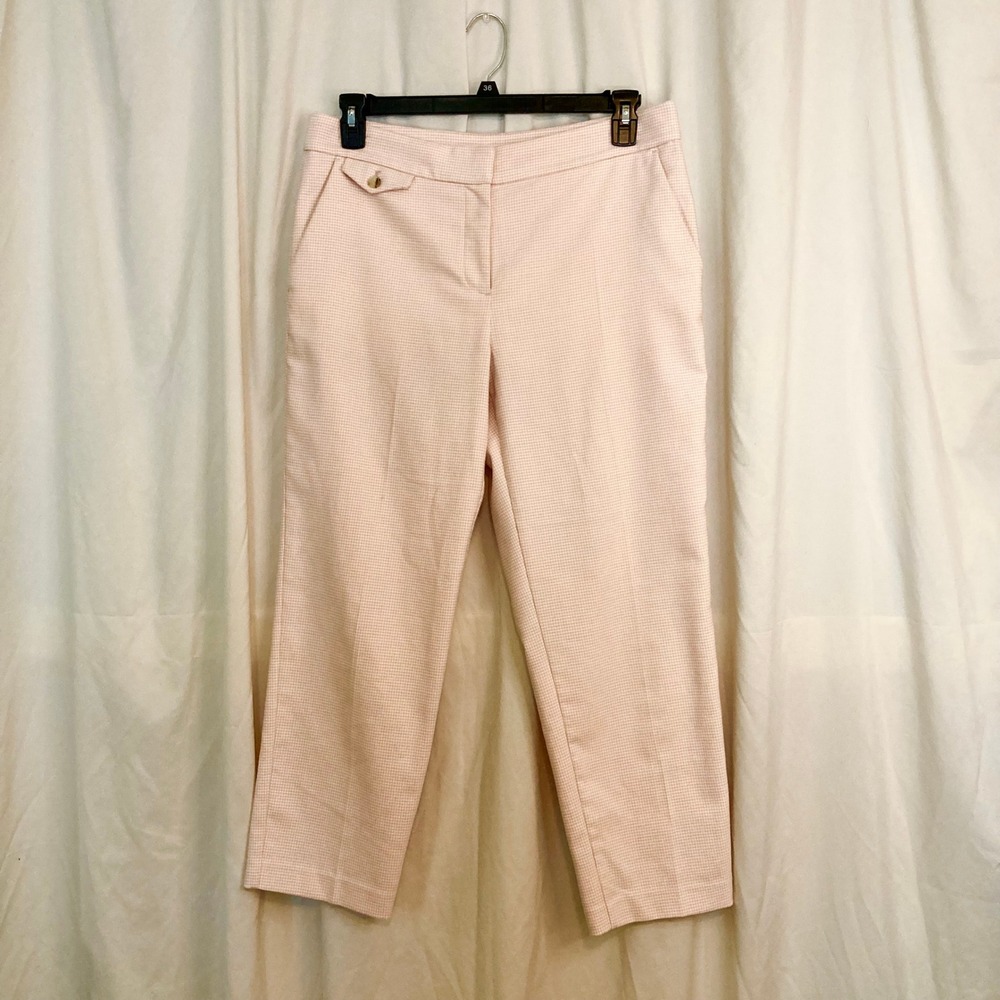 LOFT Pink White Houndstooth Ankle Pants 10 Straight Leg Career Office Pastel